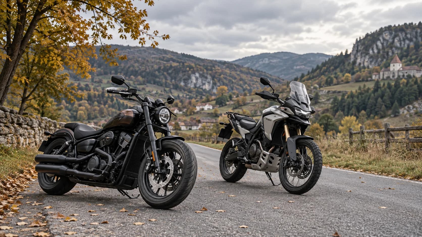 Două motociclete de clasă medie, una cruiser și una adventure, fotografiate pe un drum european de toamnă