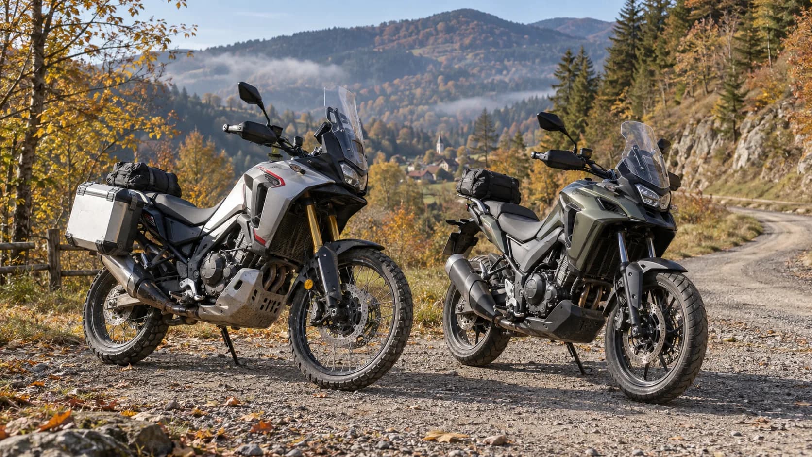 Două motociclete adventure de cilindree medie pe un drum forestier de toamnă