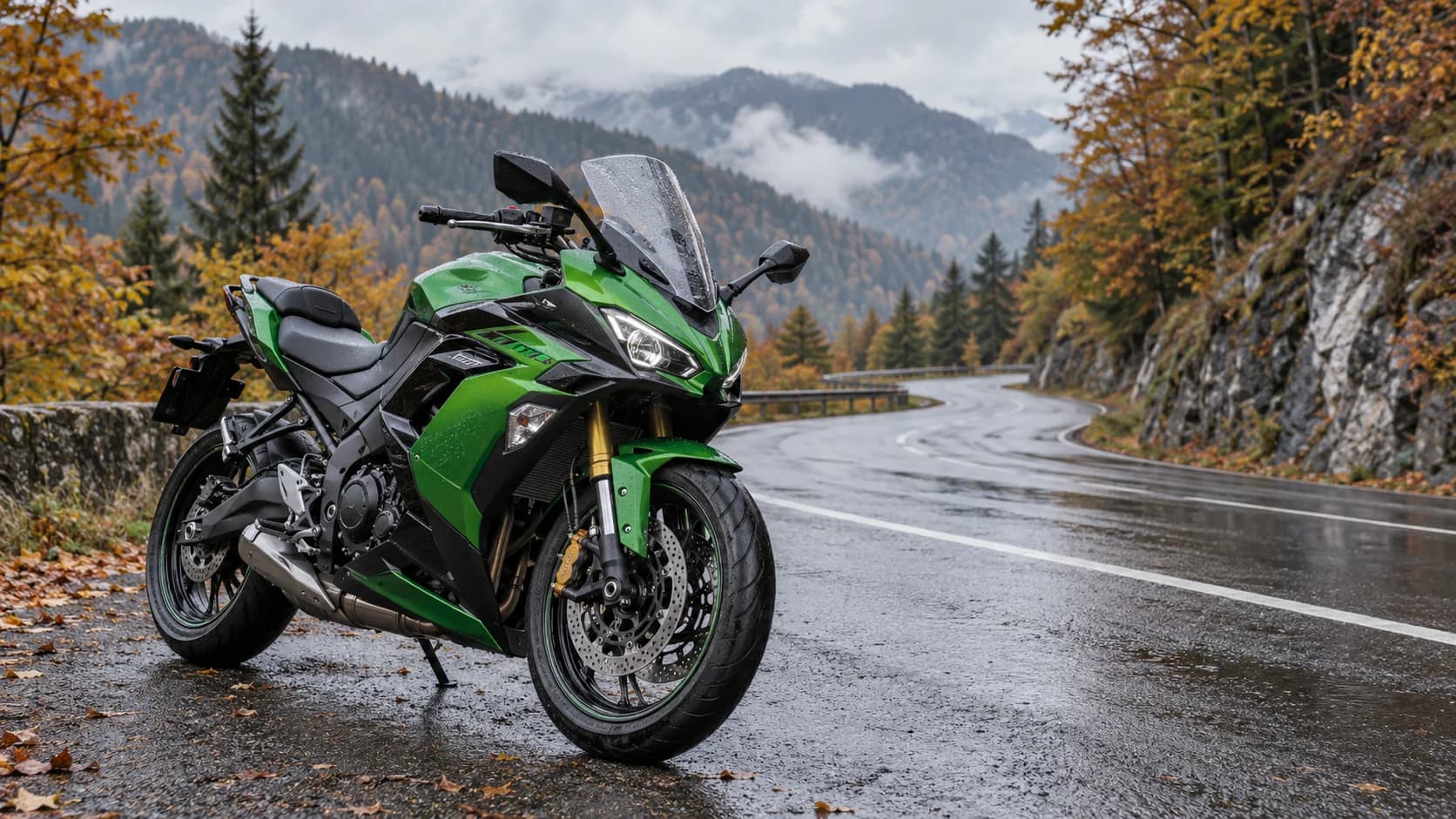 Motocicletă sport-touring verde pe un drum montan ud de toamnă