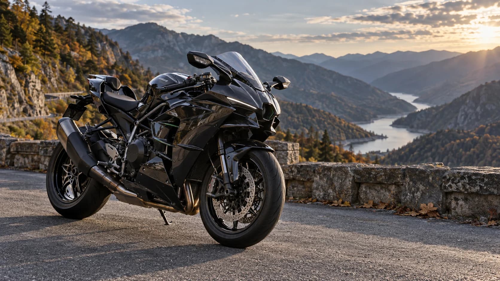 Motocicletă sport neagră pe drum montan, inspirată de revenirea Kawasaki Ninja H2 în Europa