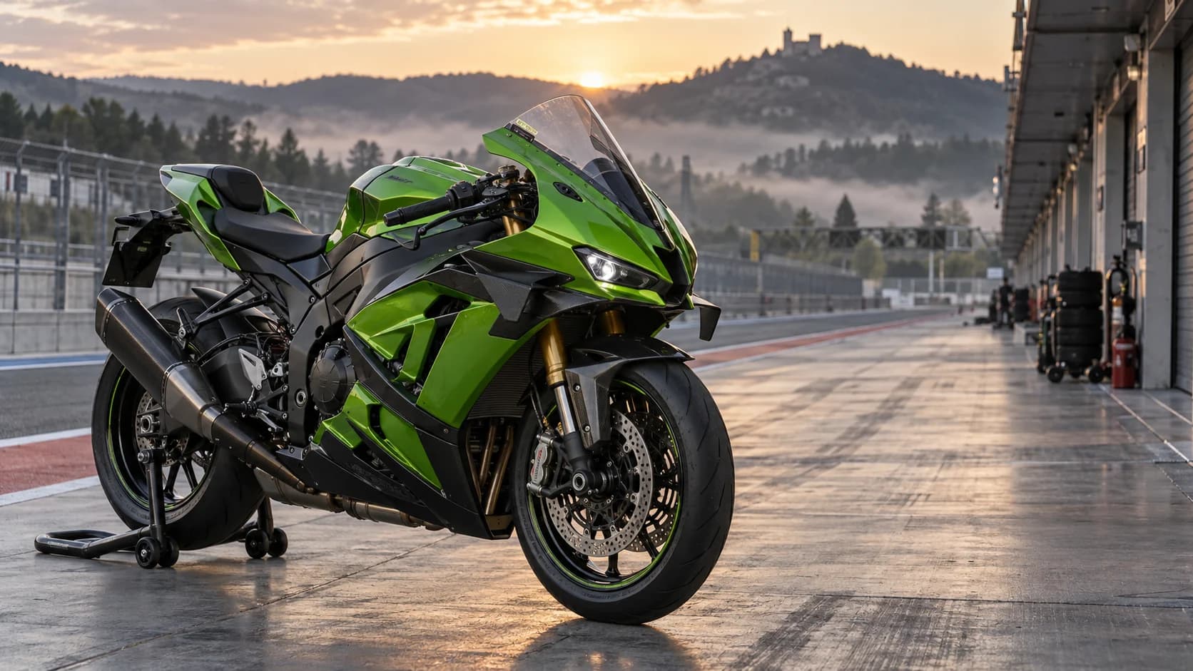 motocicletă sport verde pe linia boxelor într-o lumină de dimineață