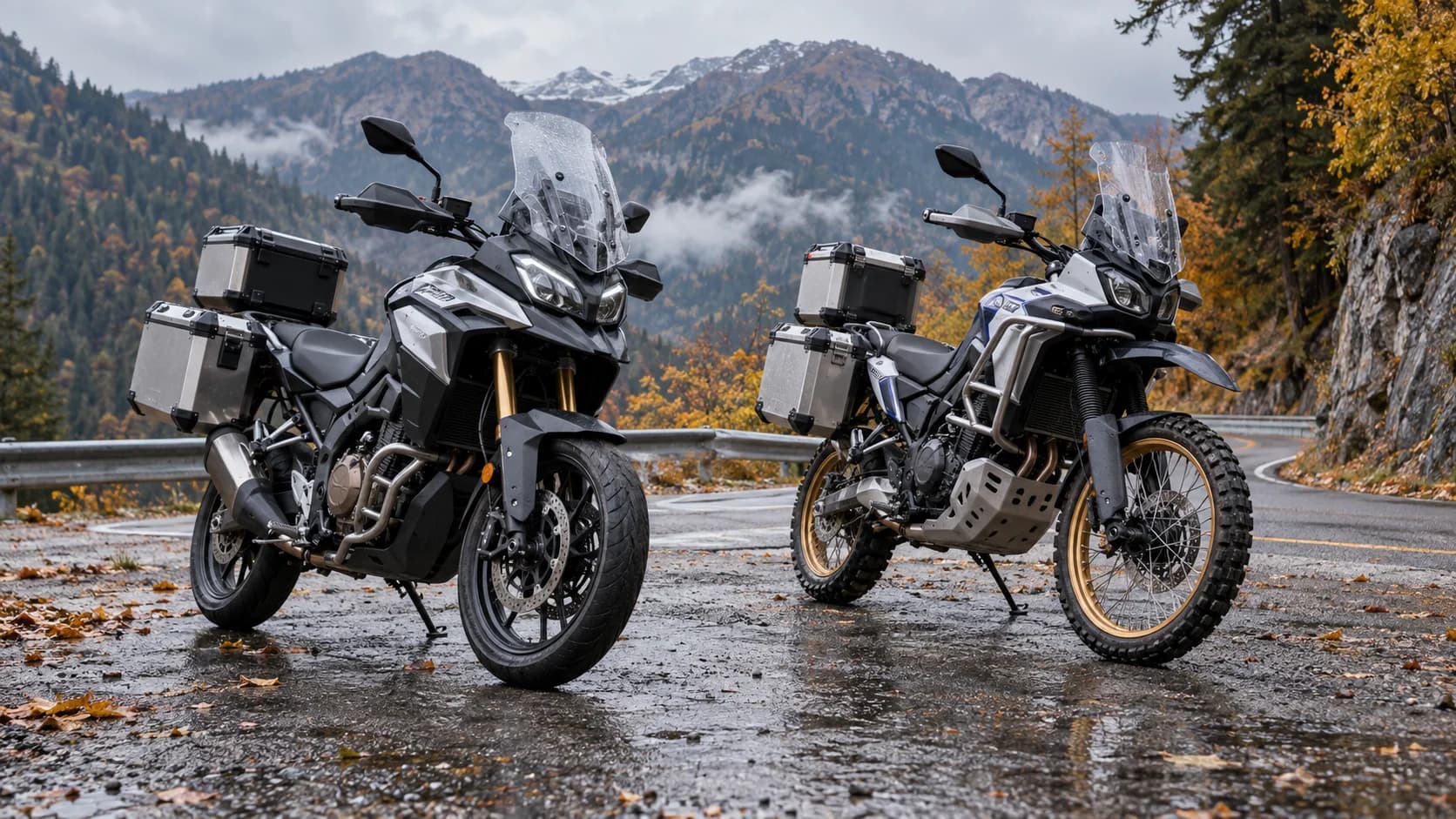 două motociclete adventure touring parcate pe un drum montan umed