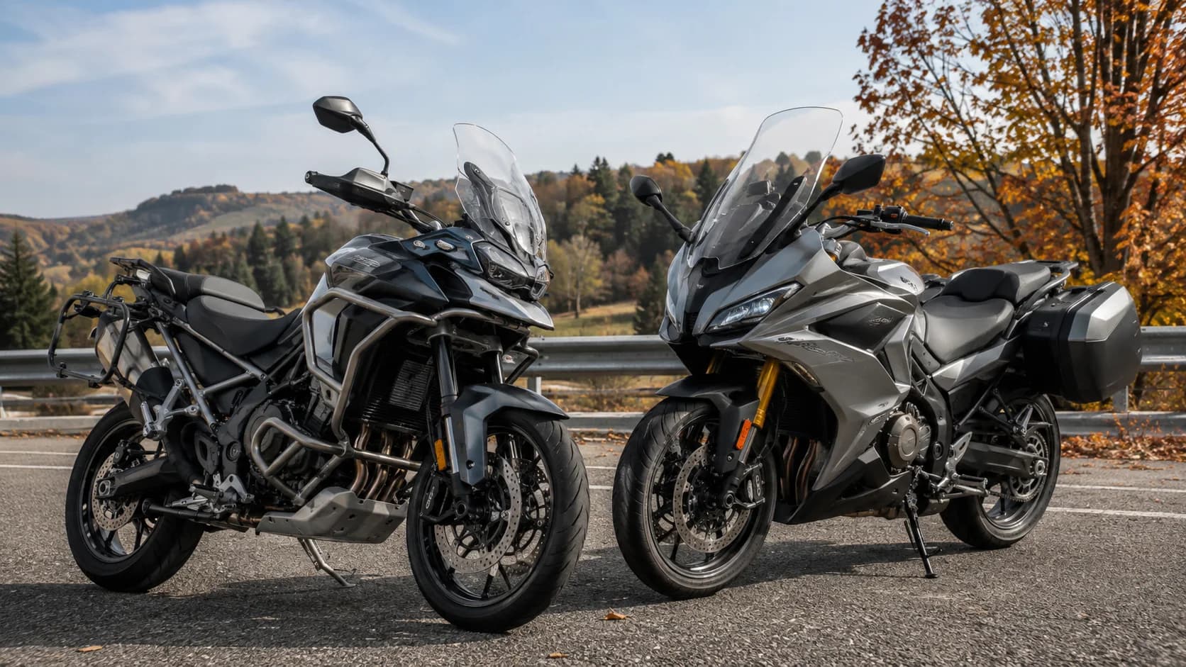 Două motociclete sport touring mari parcate la marginea unui drum național