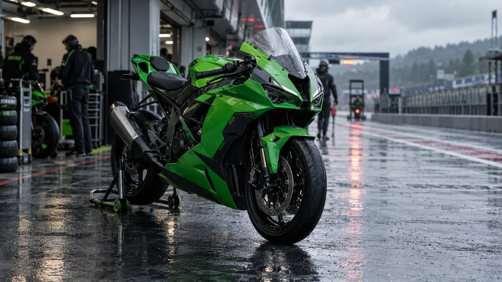 Motocicletă sport verde pe un circuit european, fotografiată realist într-un paddock umed