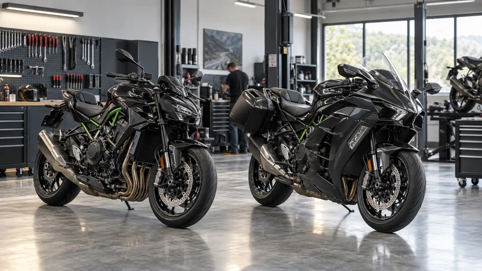 două motociclete mari, una naked și una sport-touring, fotografiate într-un service curat