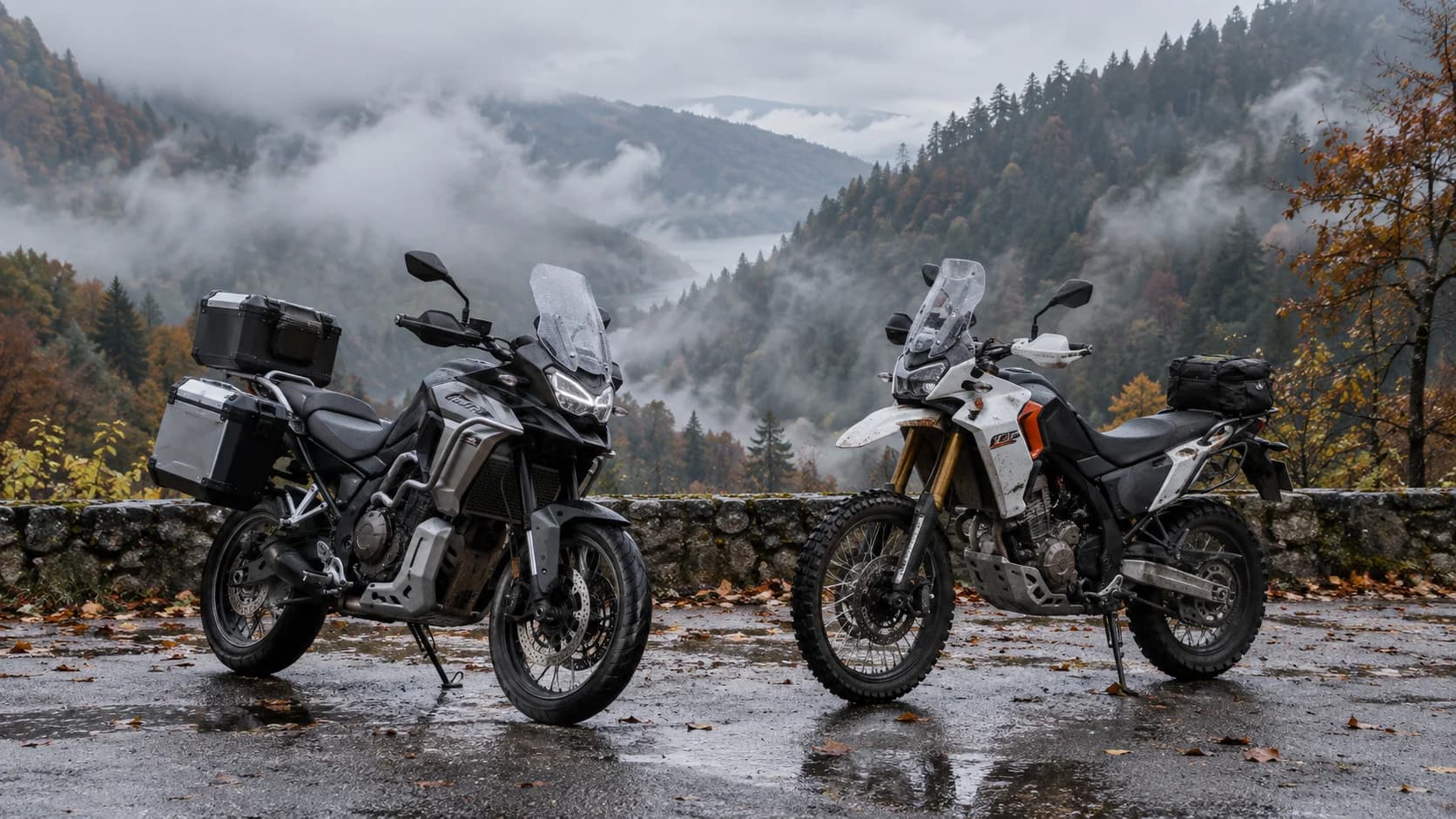 două motociclete adventure touring parcate pe un drum montan umed