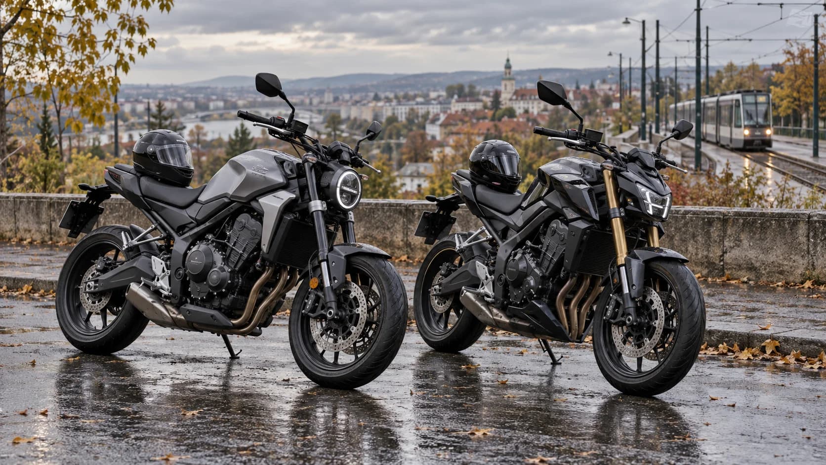 Două motociclete naked medii pe asfalt ud, pregătite pentru comparație pe date oficiale