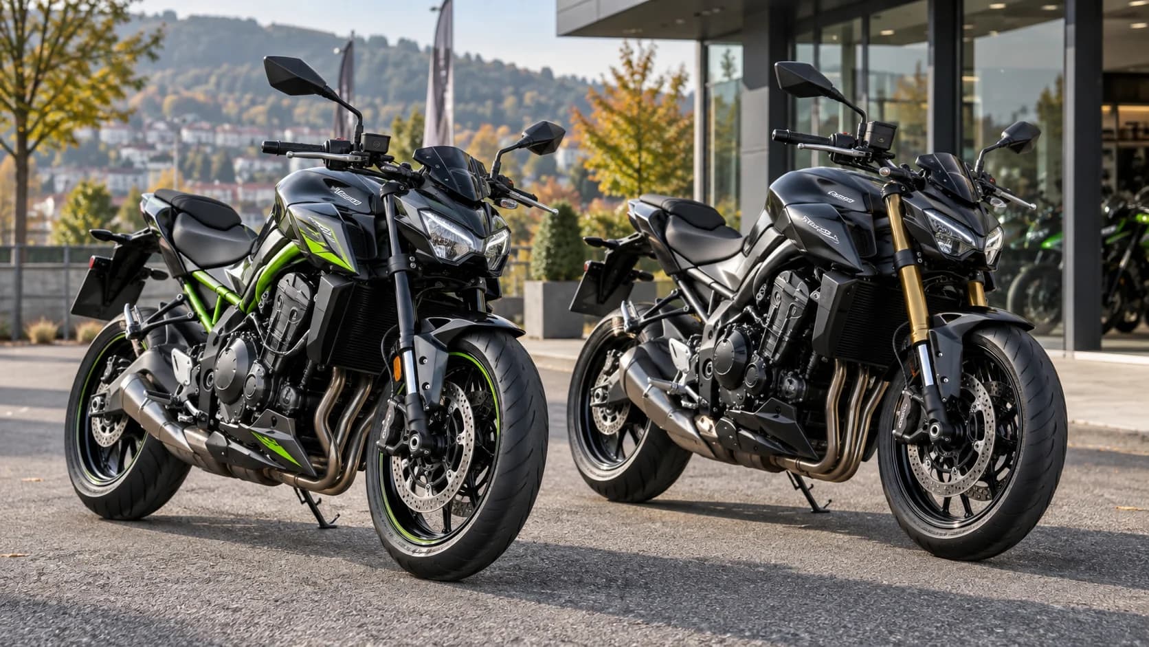 Două motociclete naked moderne parcate lângă un showroom european toamna