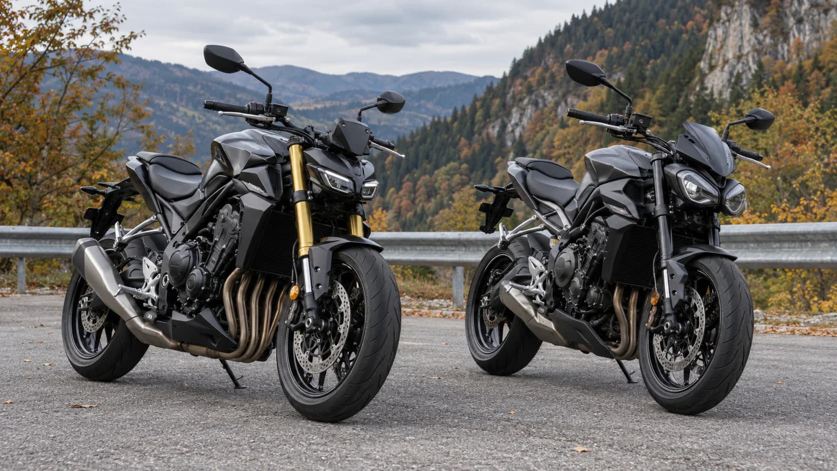 Scenă editorială cu Kawasaki Z900 70 kW vs Yamaha MT-09 Y-AMT pe un drum din România, fără text vizibil