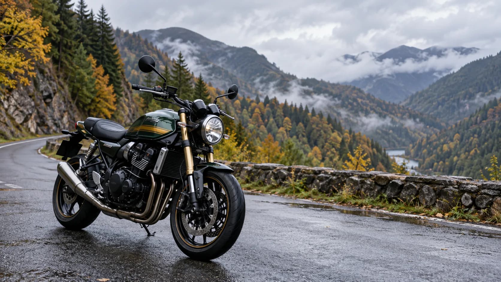 Motocicletă retro sport pe un drum montan umed, fără sigle vizibile