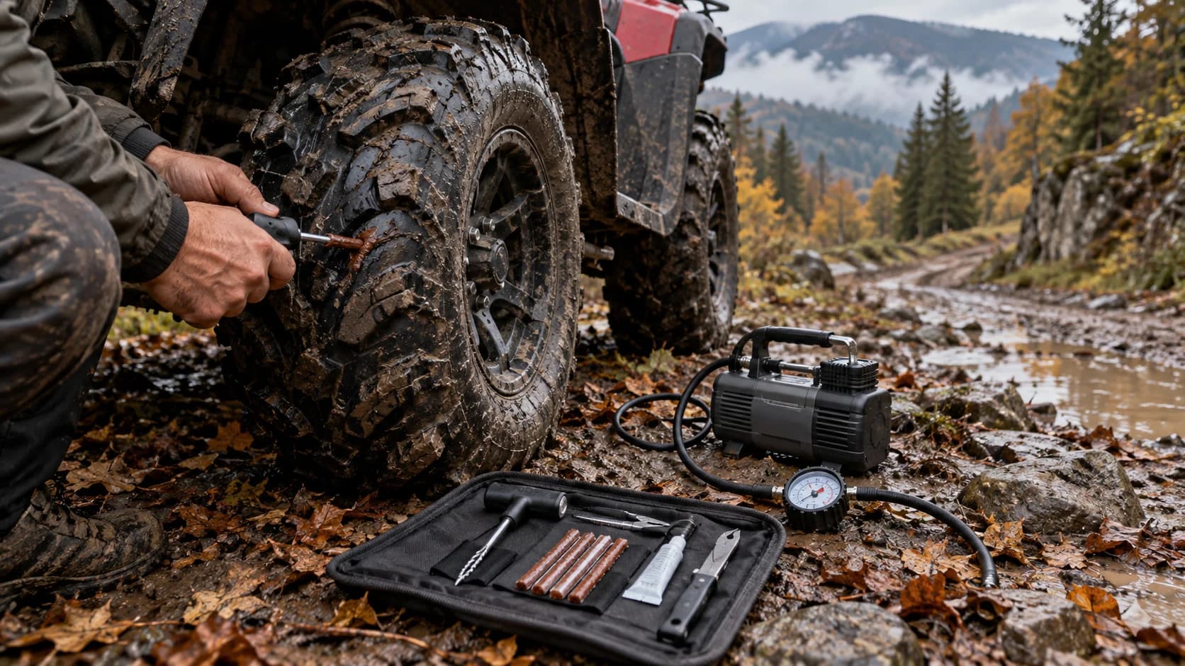 roată de ATV reparată pe un drum forestier noroios cu kit tubeless și compresor