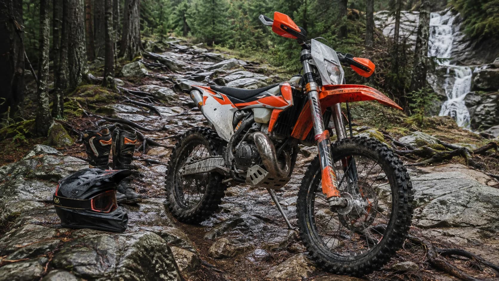 Motocicletă hard enduro pe pietre ude și rădăcini într-o pădure de munte