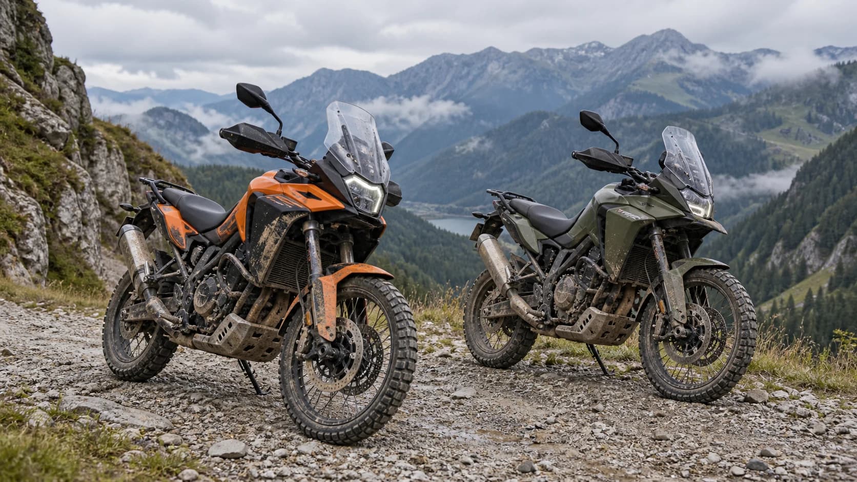 Două motociclete adventure de cilindree medie oprite pe macadam lângă un drum de munte