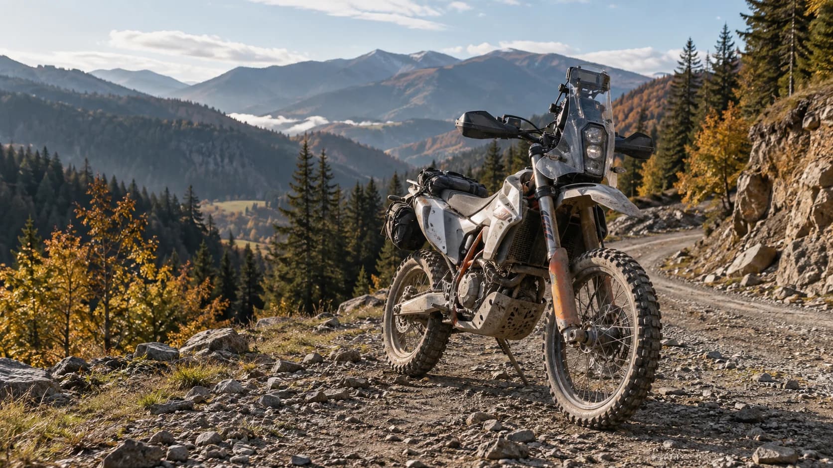 Motocicletă rally generică pe un drum pietros de munte din România