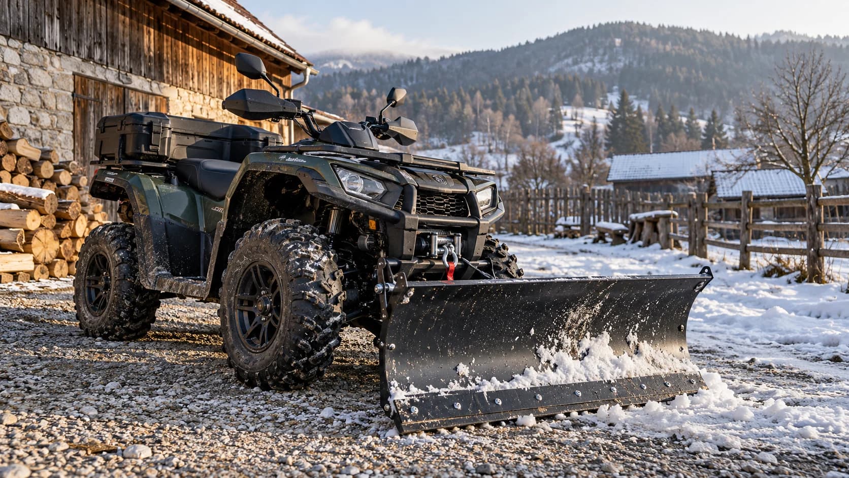 ATV utilitar cu lamă de zăpadă în curte rurală