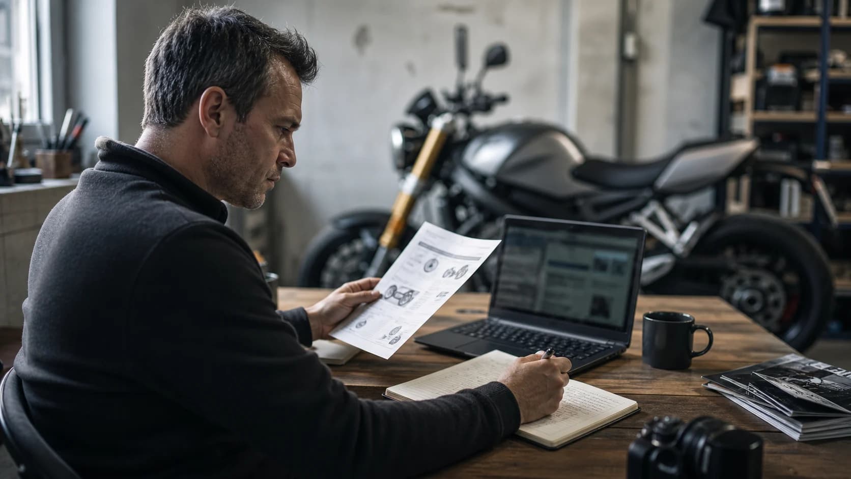 Jurnalist moto comparând o fișă tehnică cu o motocicletă într-un atelier