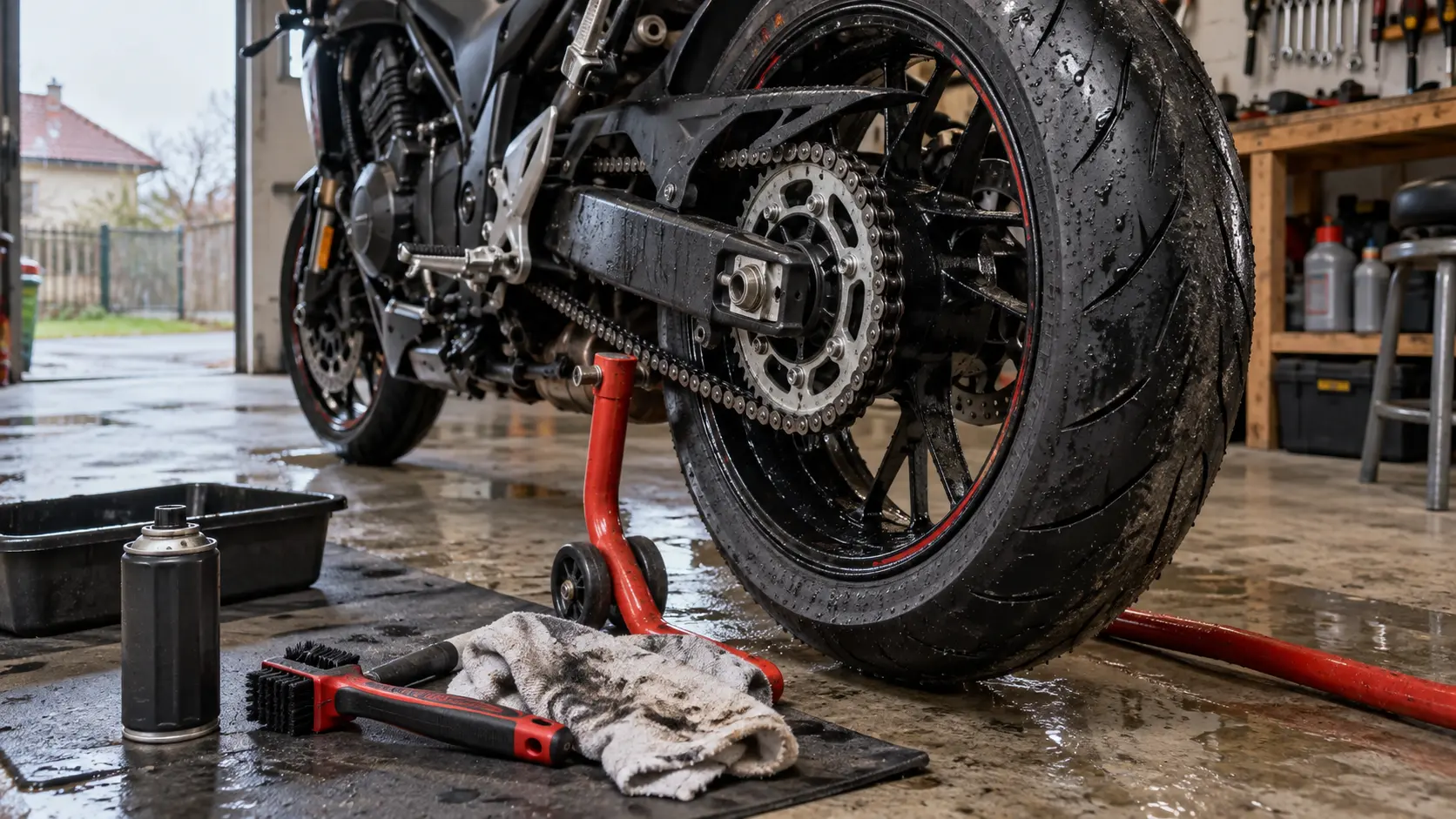 Lanț de motocicletă curățat pe stand după o tură pe ploaie