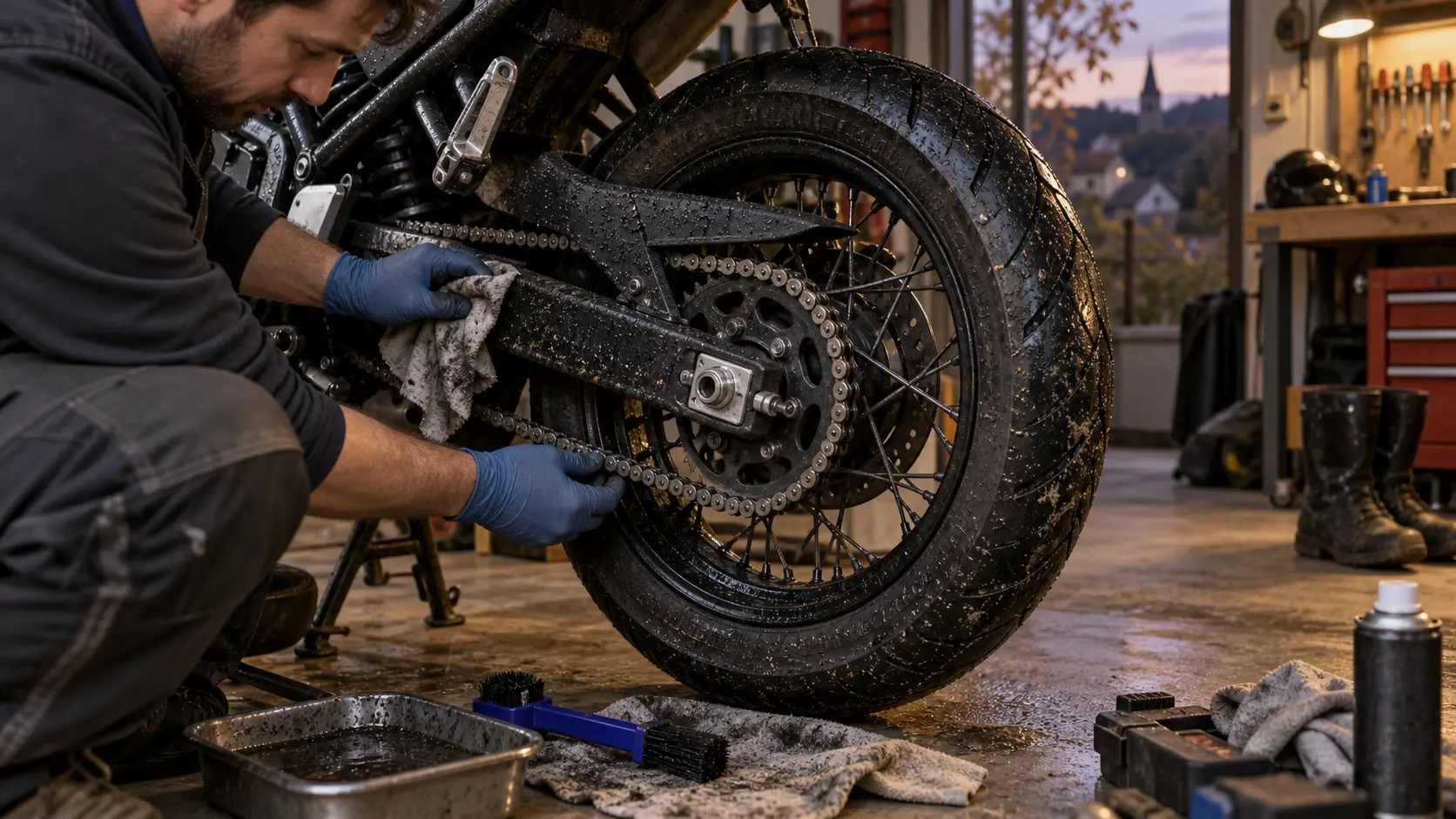 Lanț de motocicletă curățat într-un garaj după o tură pe ploaie