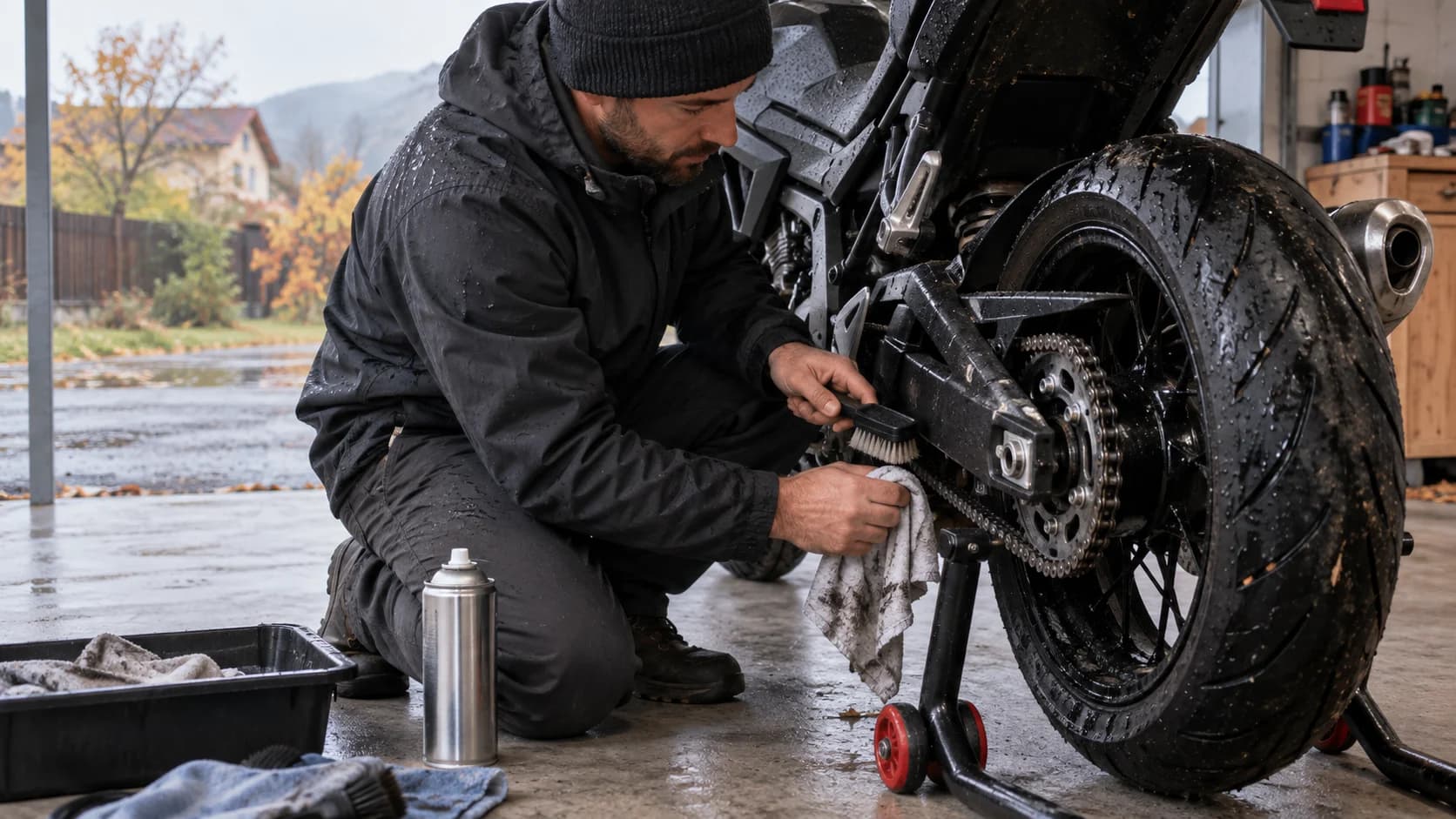 Lanț de motocicletă curățat cu perie pe suport paddock după o tură pe ploaie