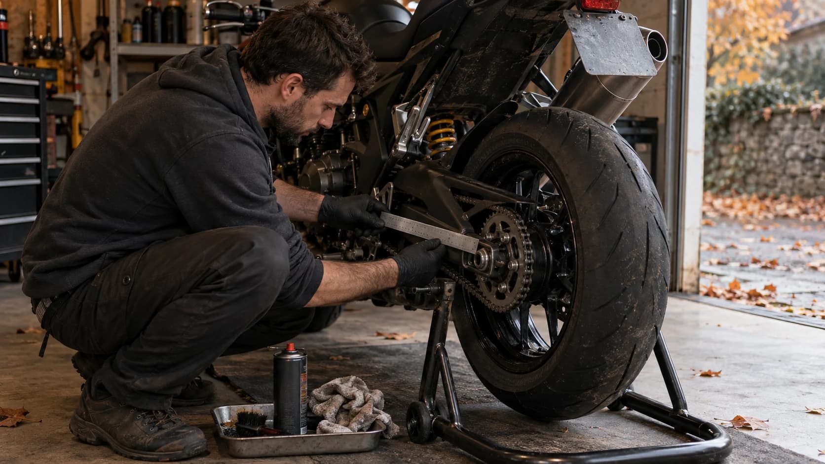 lanț de motocicletă verificat cu riglă într-un garaj