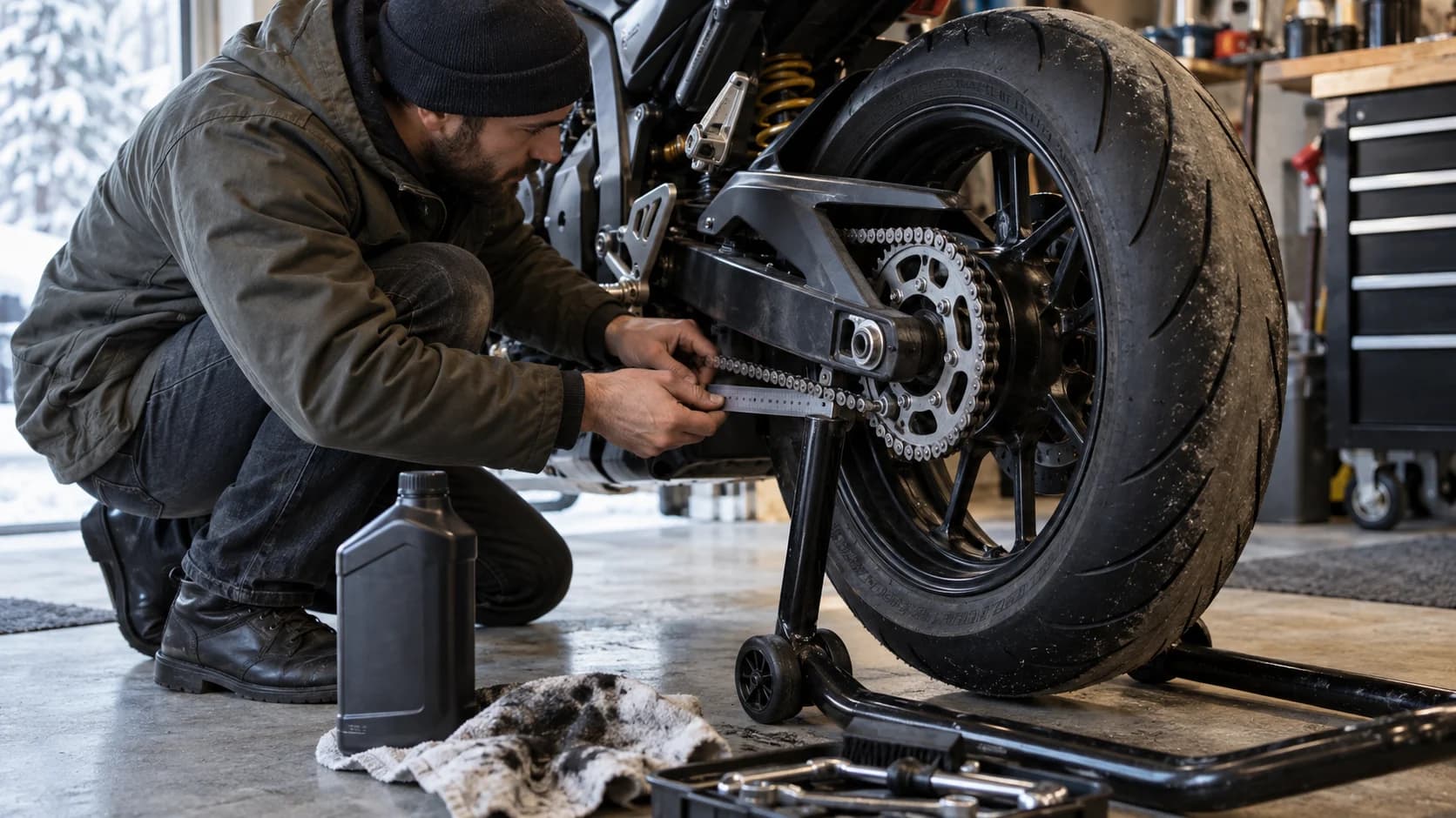 Rider verificând jocul lanțului unei motociclete pe stand în garaj