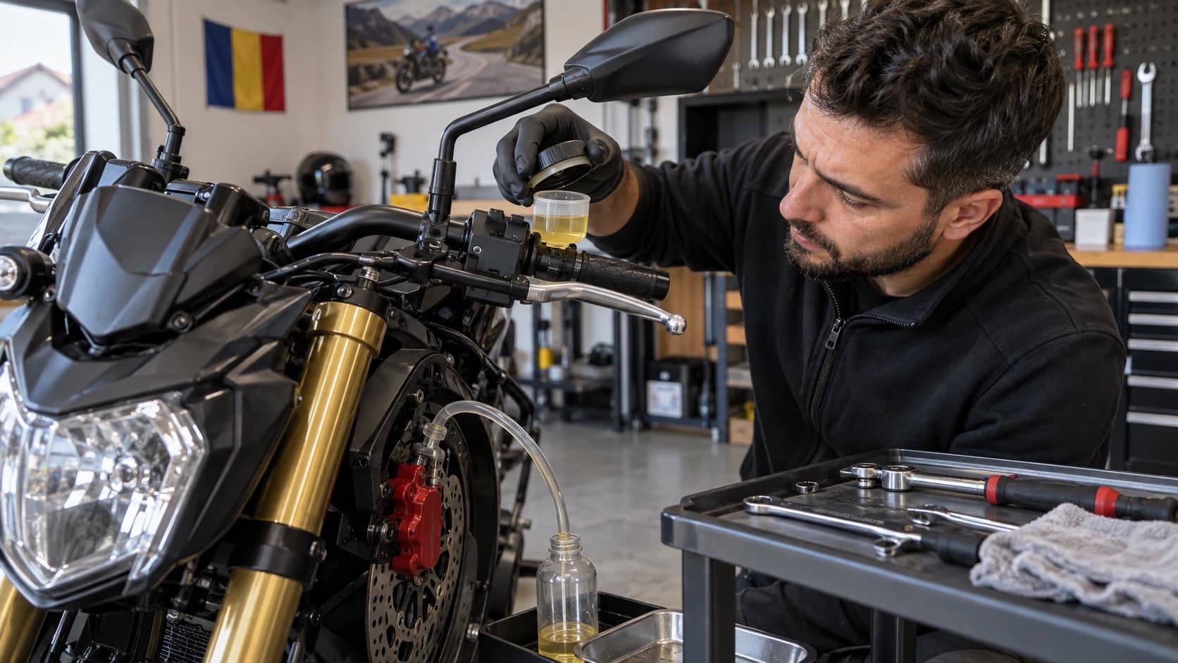 Mecanic care verifică lichidul de frână la o motocicletă într-un garaj