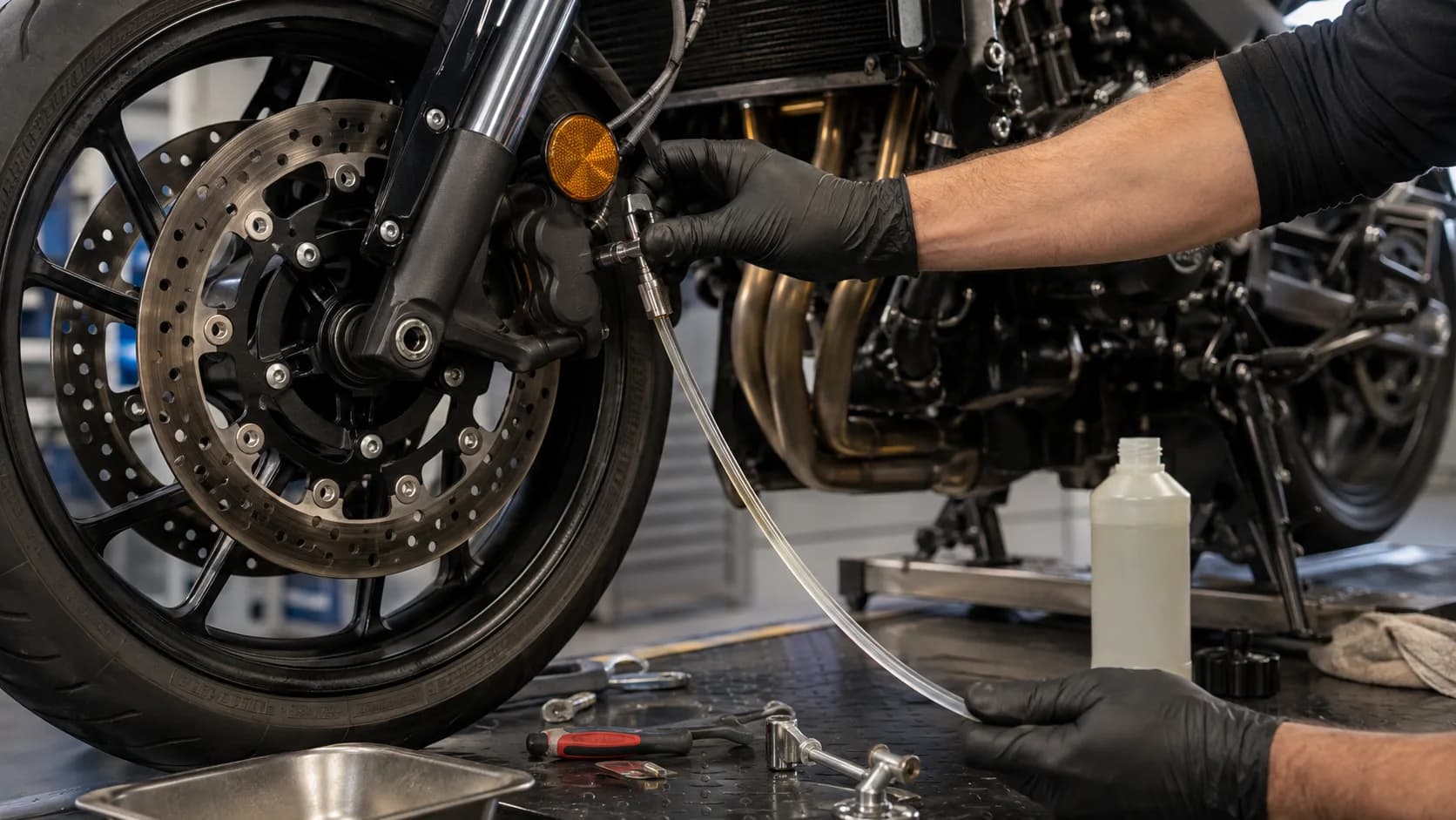 Mecanicul verifică lichidul de frână la roata față a unei motociclete