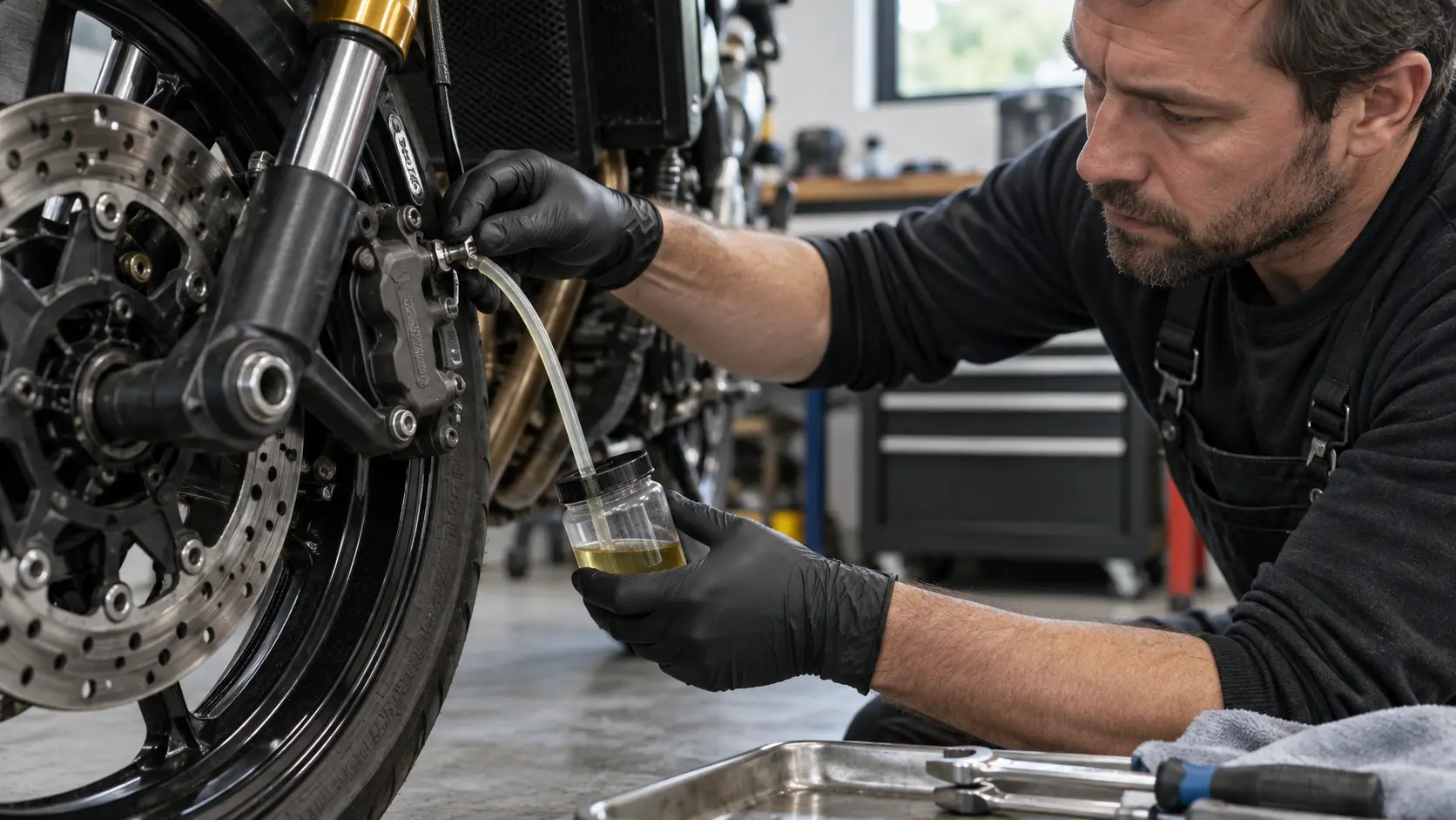 Mecanic care aerisește frâna față a unei motociclete în service