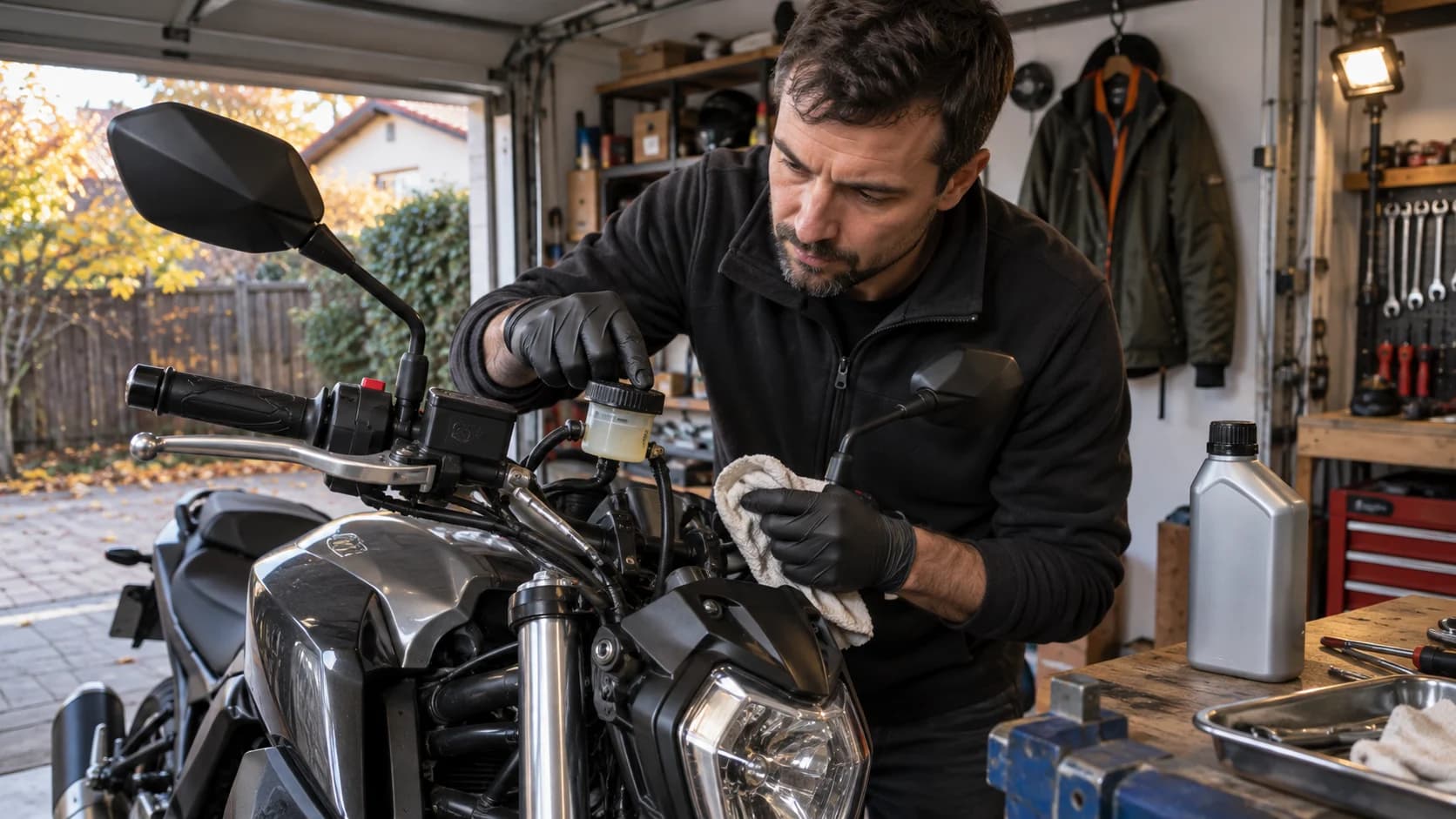 motociclist care verifică rezervorul de lichid de frână într-un garaj