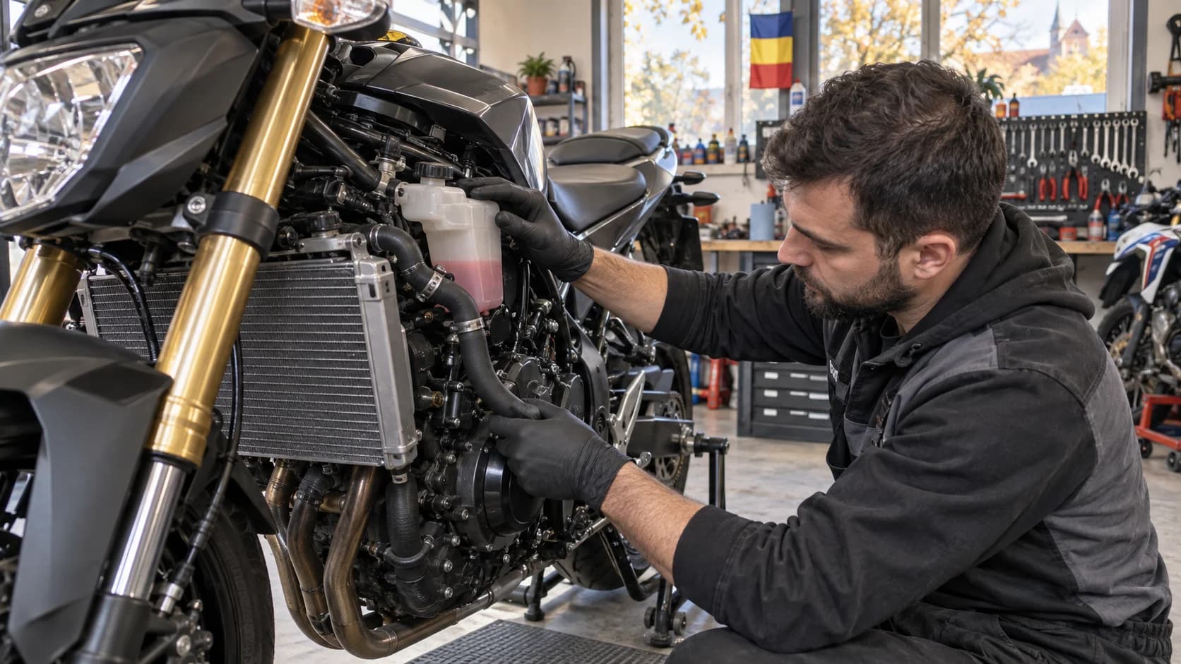 Mecanic verificând vasul de expansiune și furtunurile unei motociclete, în lumină de atelier