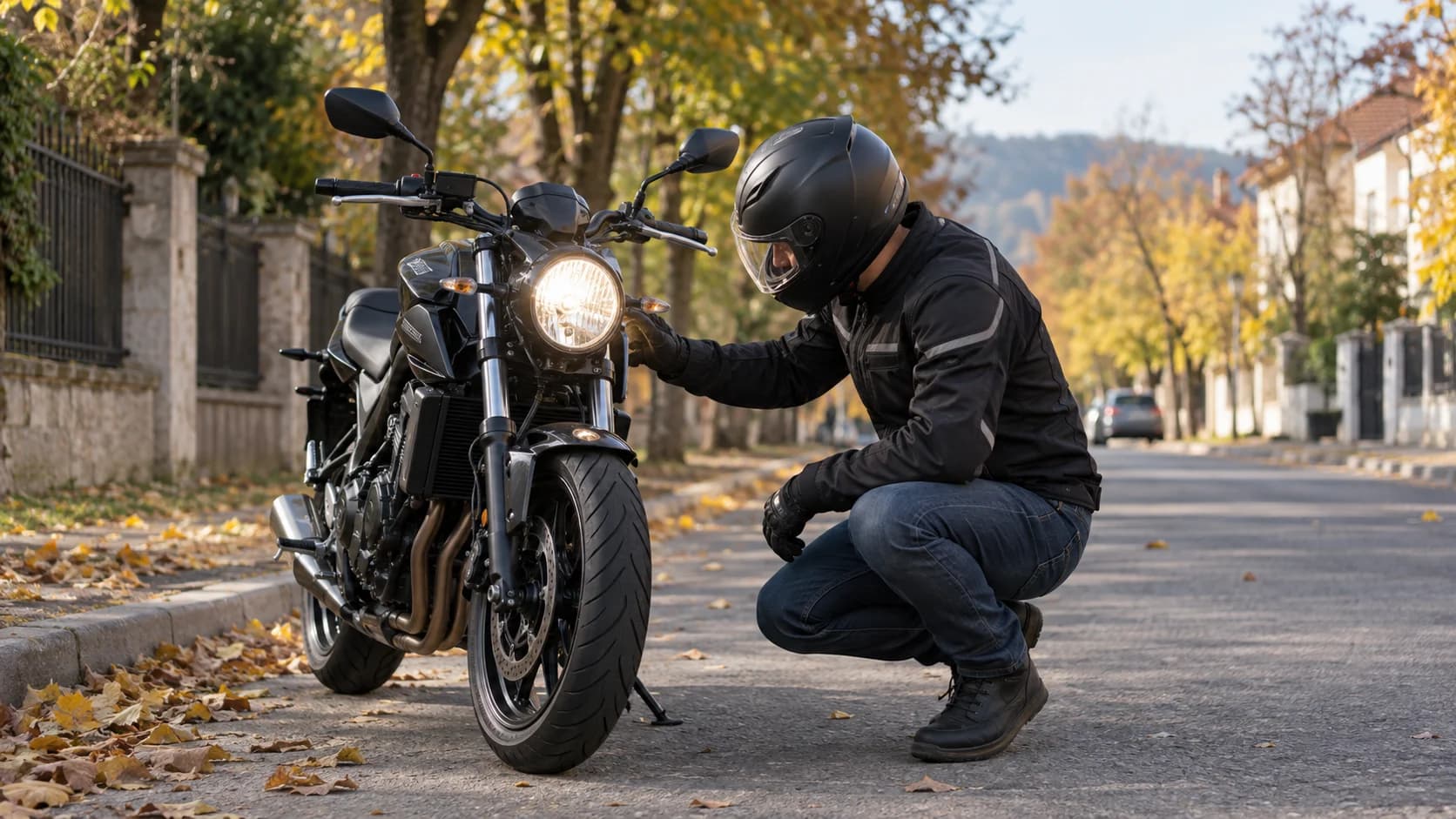 Motociclist care verifică farul unei motociclete negre fără sigle pe o stradă de toamnă