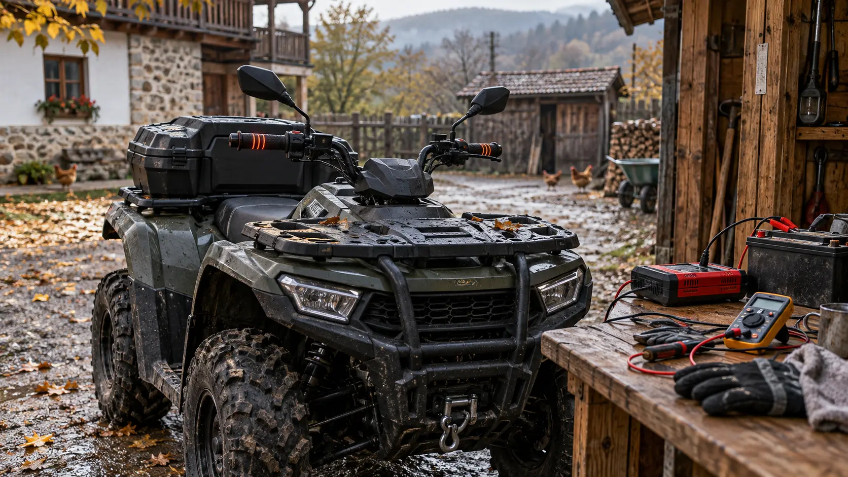 ATV utilitar într-o curte rurală cu mânere încălzite și baterie verificată înainte de iarnă