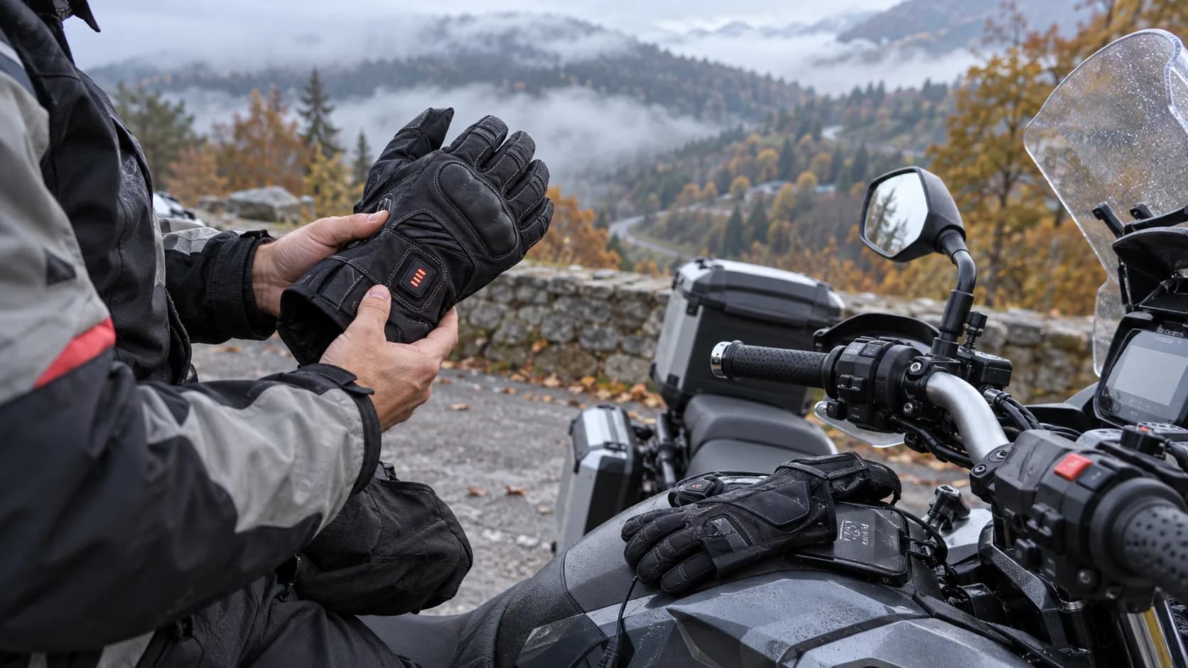 Rider care compară mănuși moto încălzite cu mânere încălzite lângă o motocicletă touring