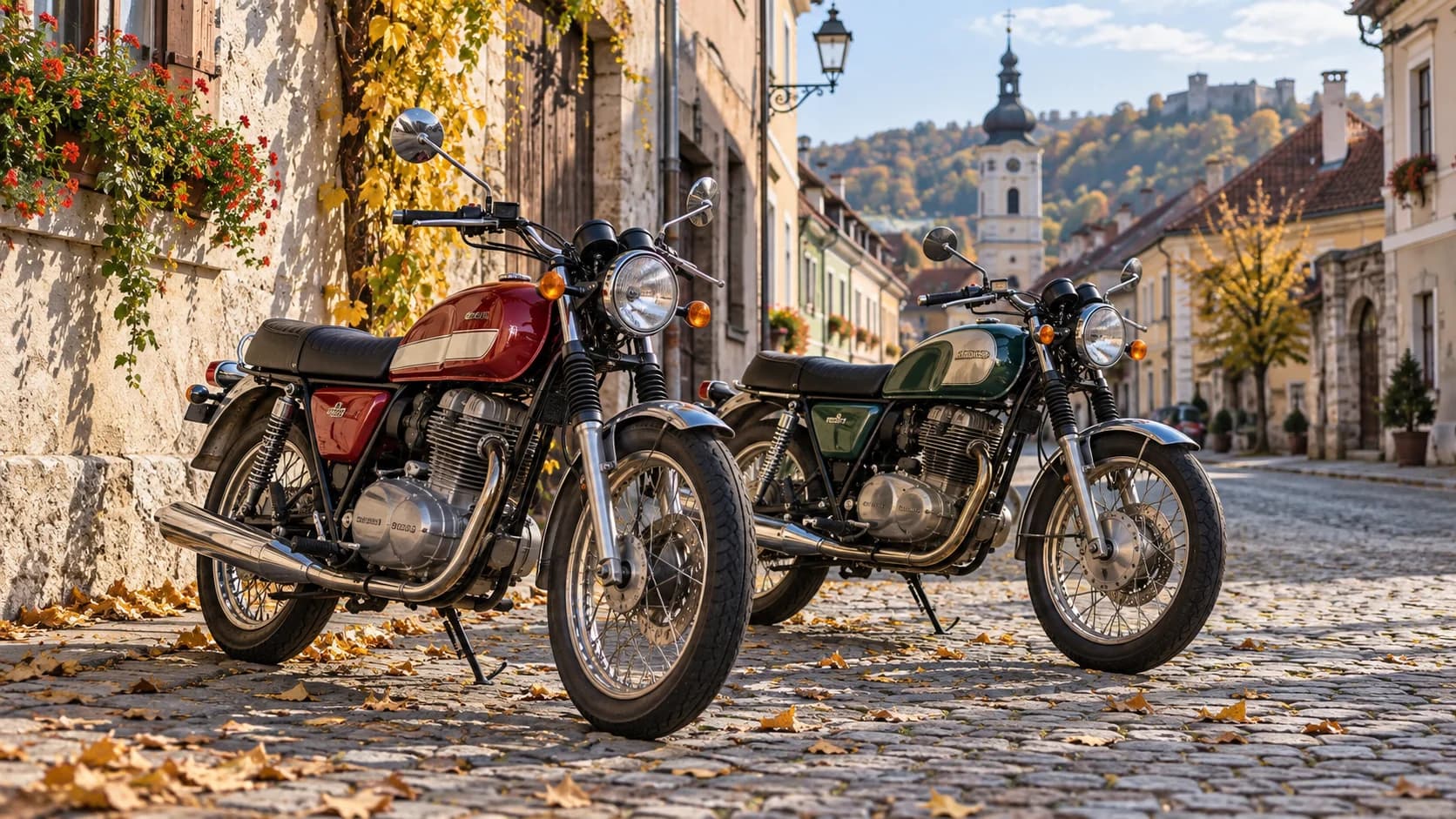 două motociclete retro mici parcate pe o stradă veche de oraș toamna