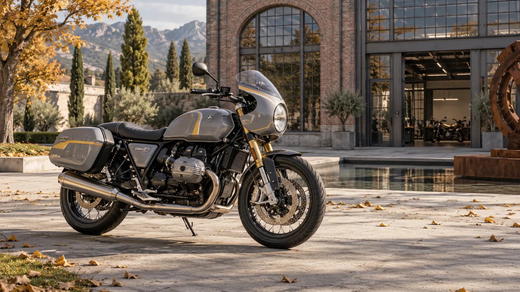 Motocicletă touring clasică gri cu accente galbene în fața unei clădiri industriale renovate