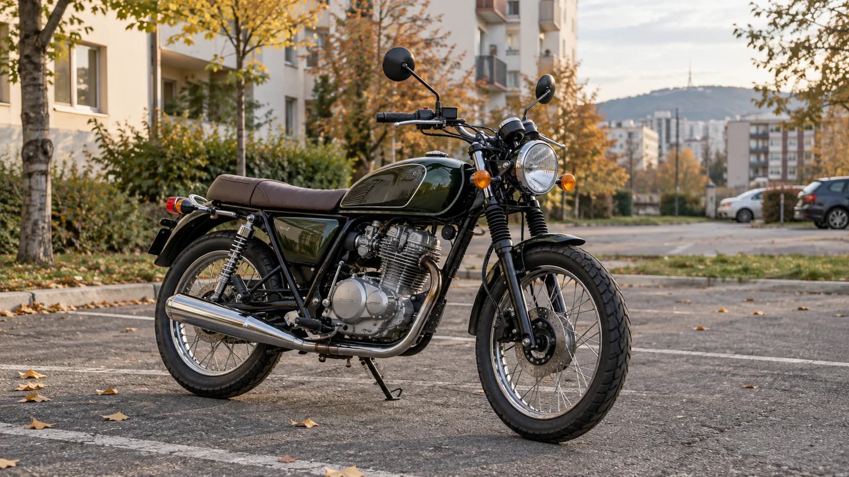 Motocicletă clasică mică fără sigle într-o parcare urbană toamna
