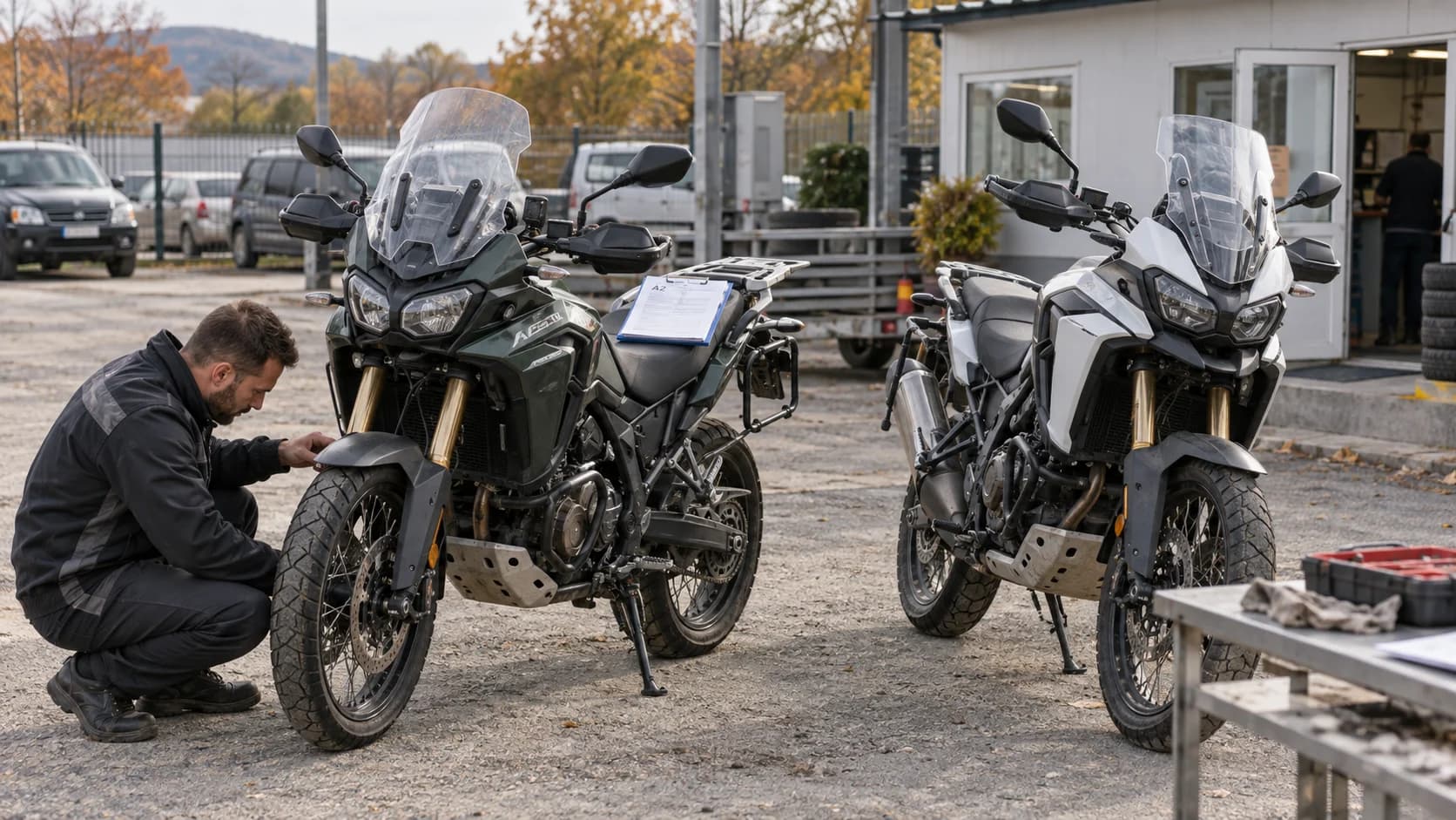 Două motociclete adventure rulate verificate într-un service înainte de cumpărare