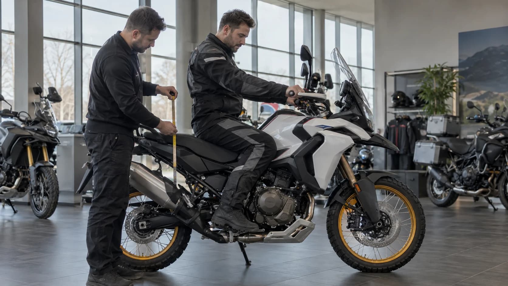 Rider pe motocicletă adventure într-un showroom, cu un mecanic măsurând înălțimea șeii