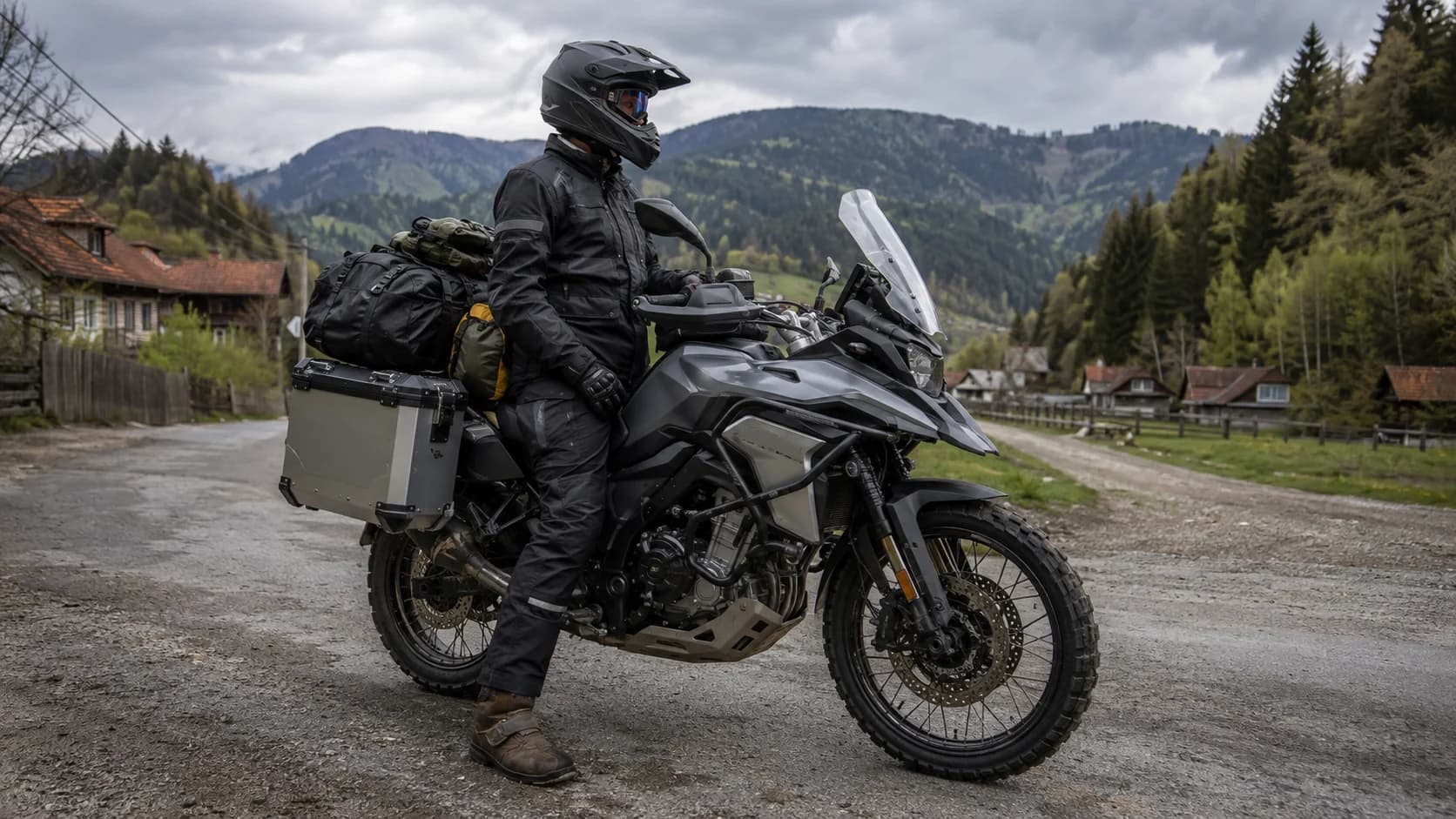 Motocicletă adventure cu bagaje oprită pe un drum de munte cu asfalt degradat