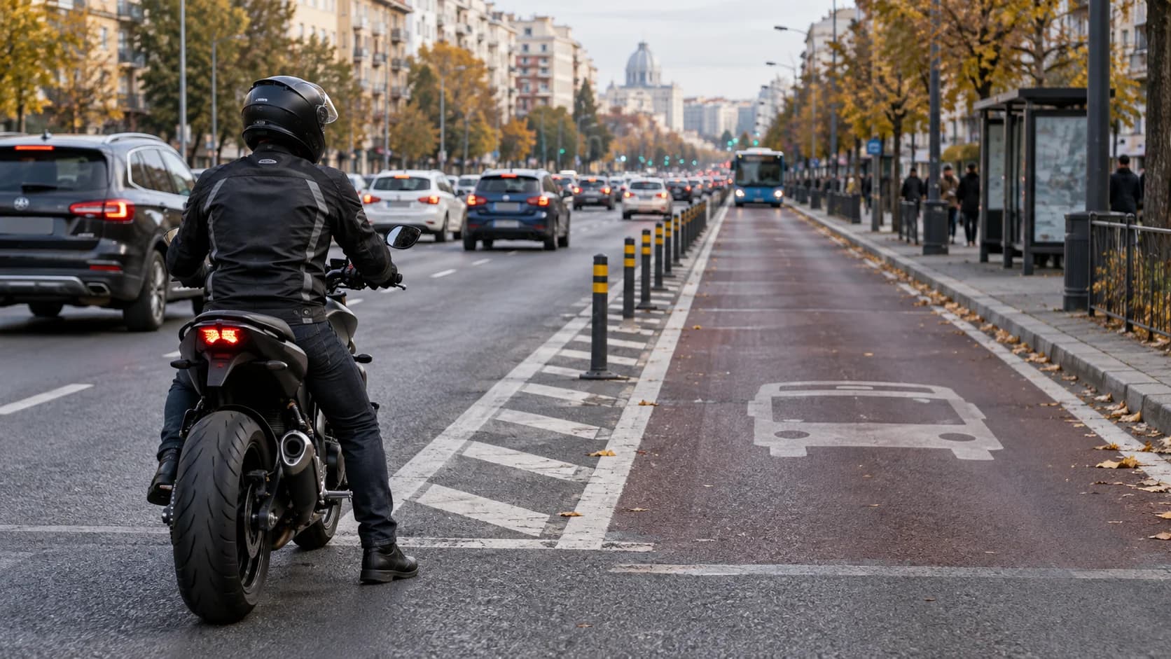 Motociclist oprit lângă o bandă urbană pentru autobuze într-un oraș românesc