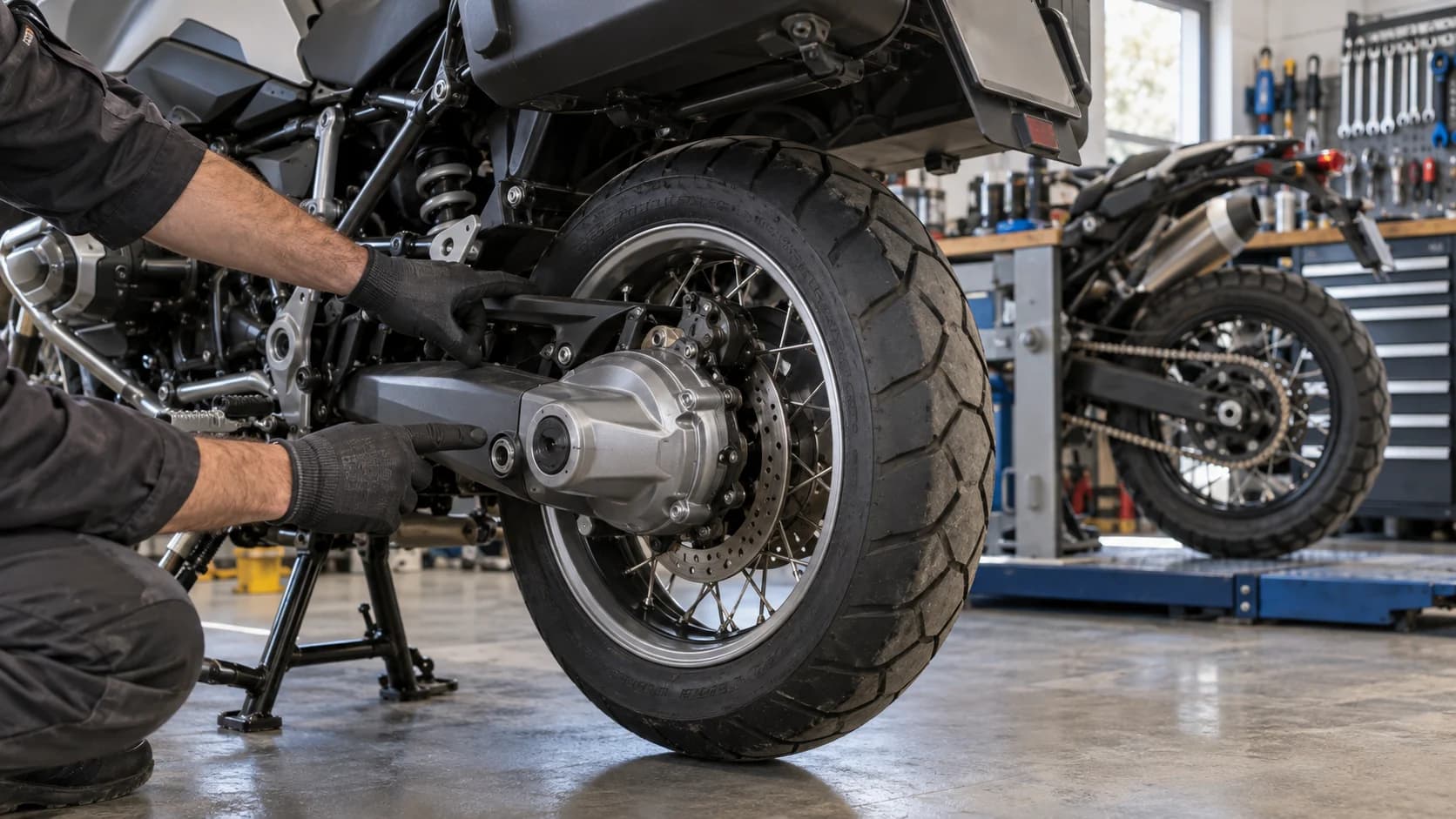 Motocicletă touring pe elevator, cu transmisia finală verificată în service