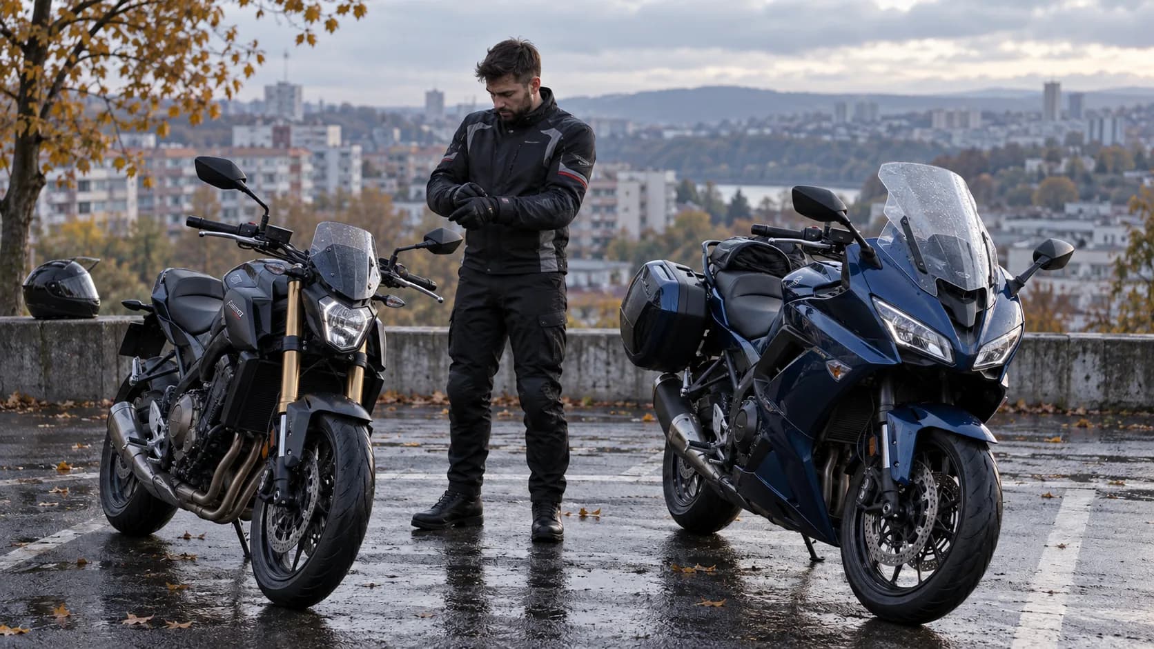 Două motociclete de drum comparate într-o parcare umedă de toamnă la marginea orașului