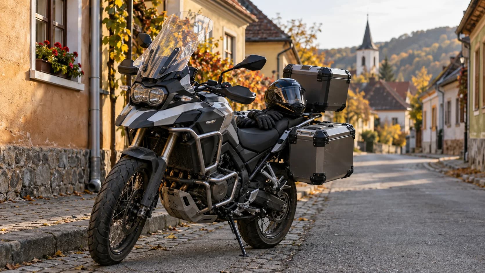 motocicletă touring cu cutii laterale pe o stradă îngustă din România