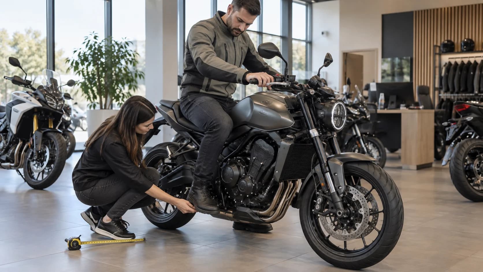 Rider verificând poziția pe o motocicletă naked într-un showroom