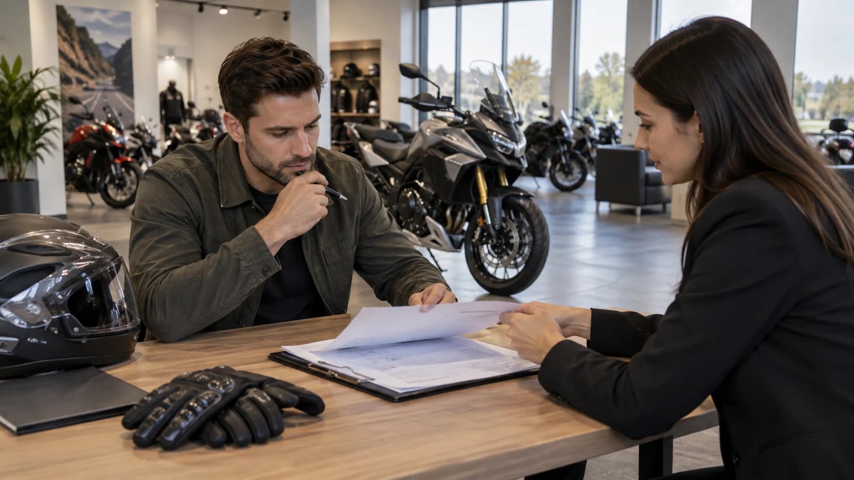 client care verifică o motocicletă în showroom cu documente pe birou