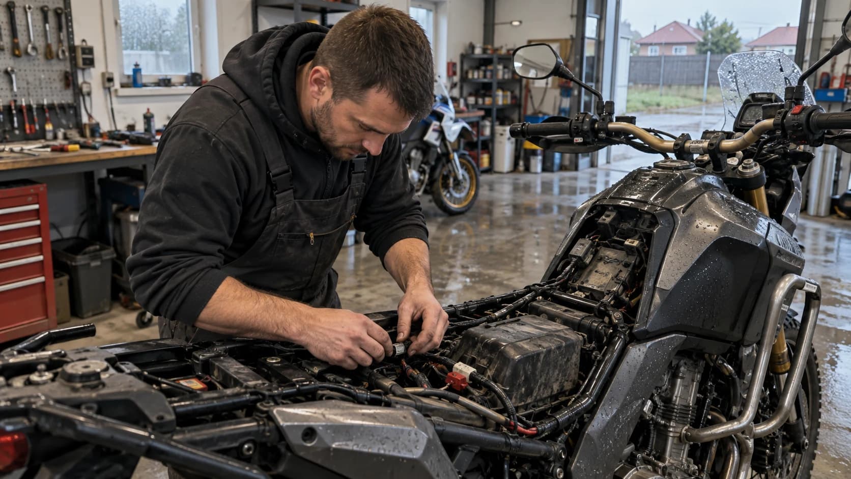 Motocicletă rulată inspectată într-un service după ploi abundente
