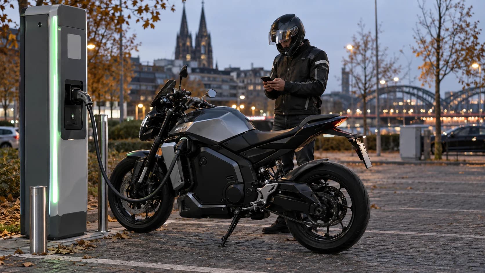 Motocicletă electrică conectată la o stație de încărcare rapidă CCS2 seara