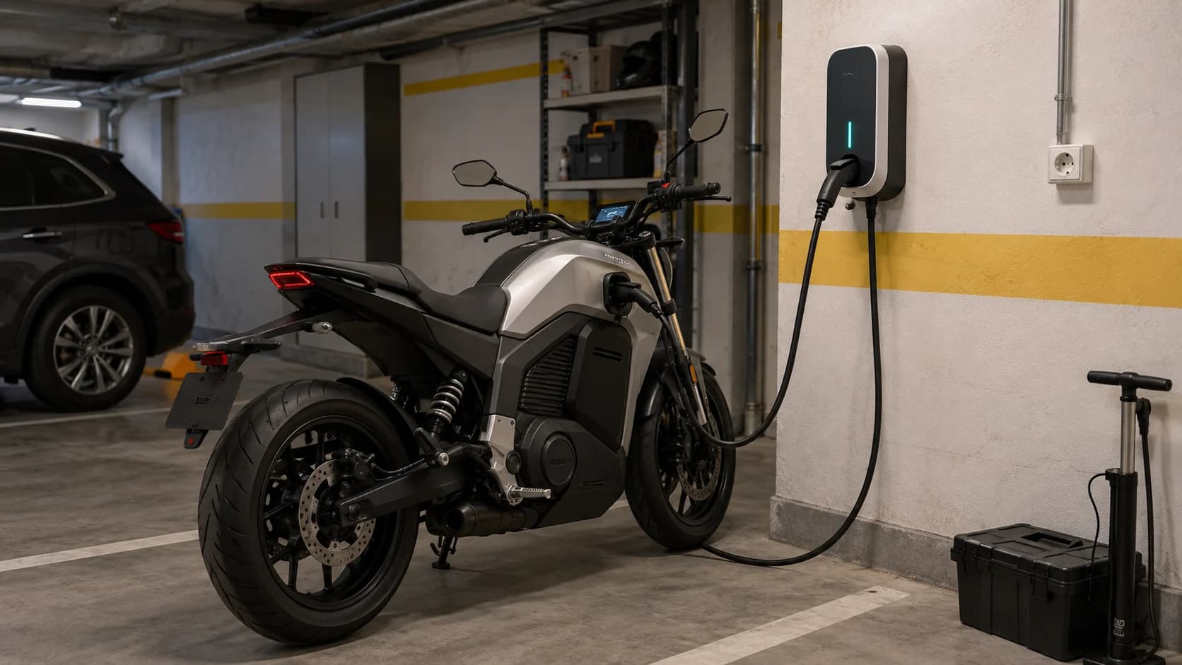 Motocicletă electrică la wallbox într-un garaj de bloc