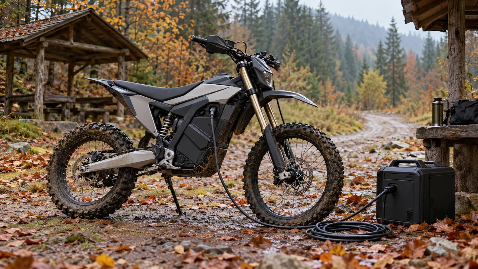 motocicletă electrică off-road lângă un drum forestier din România