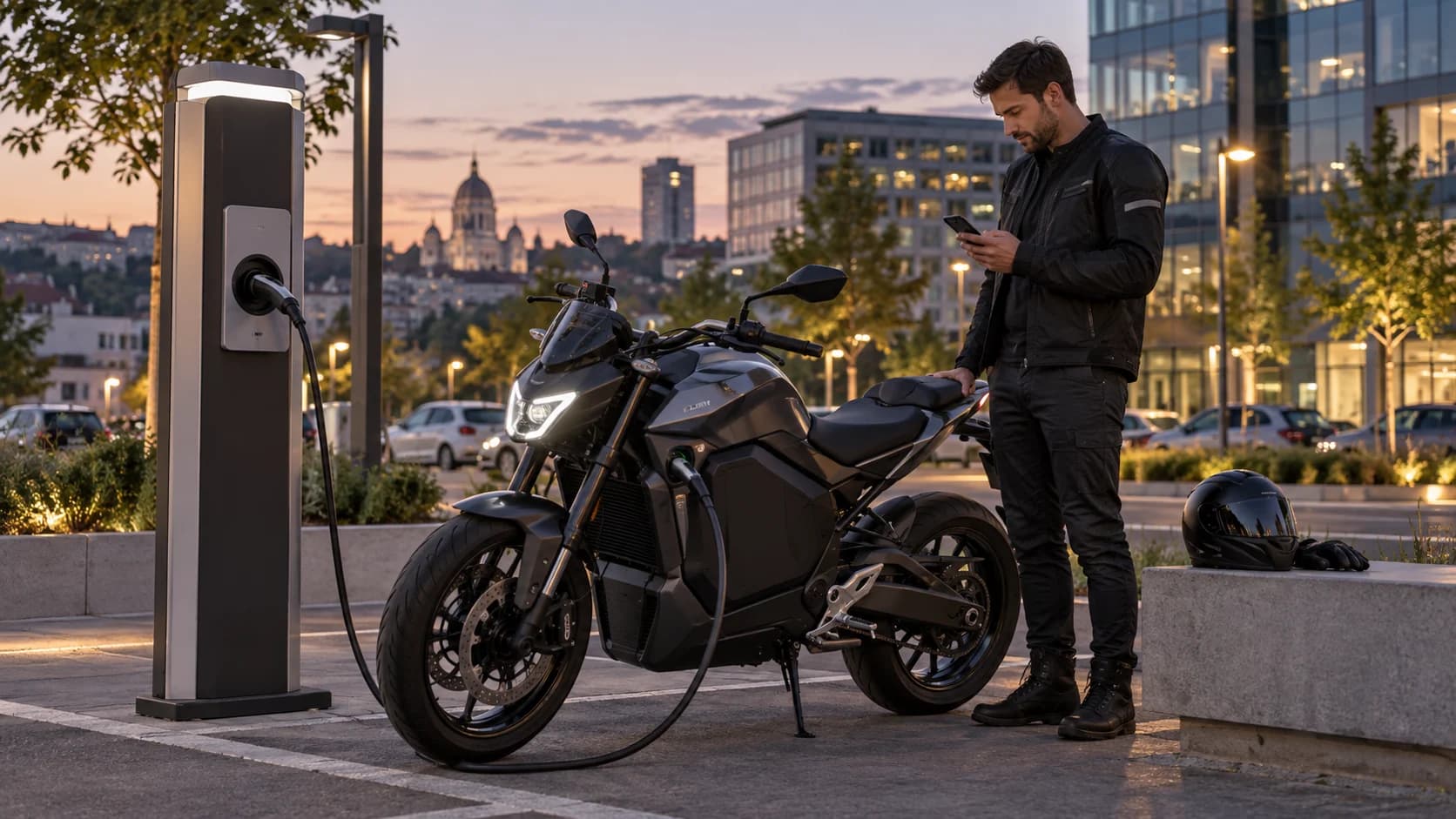 Motocicletă electrică la o stație publică de încărcare într-o parcare urbană